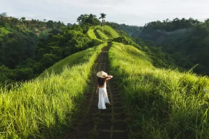 Woman in a white dress walking